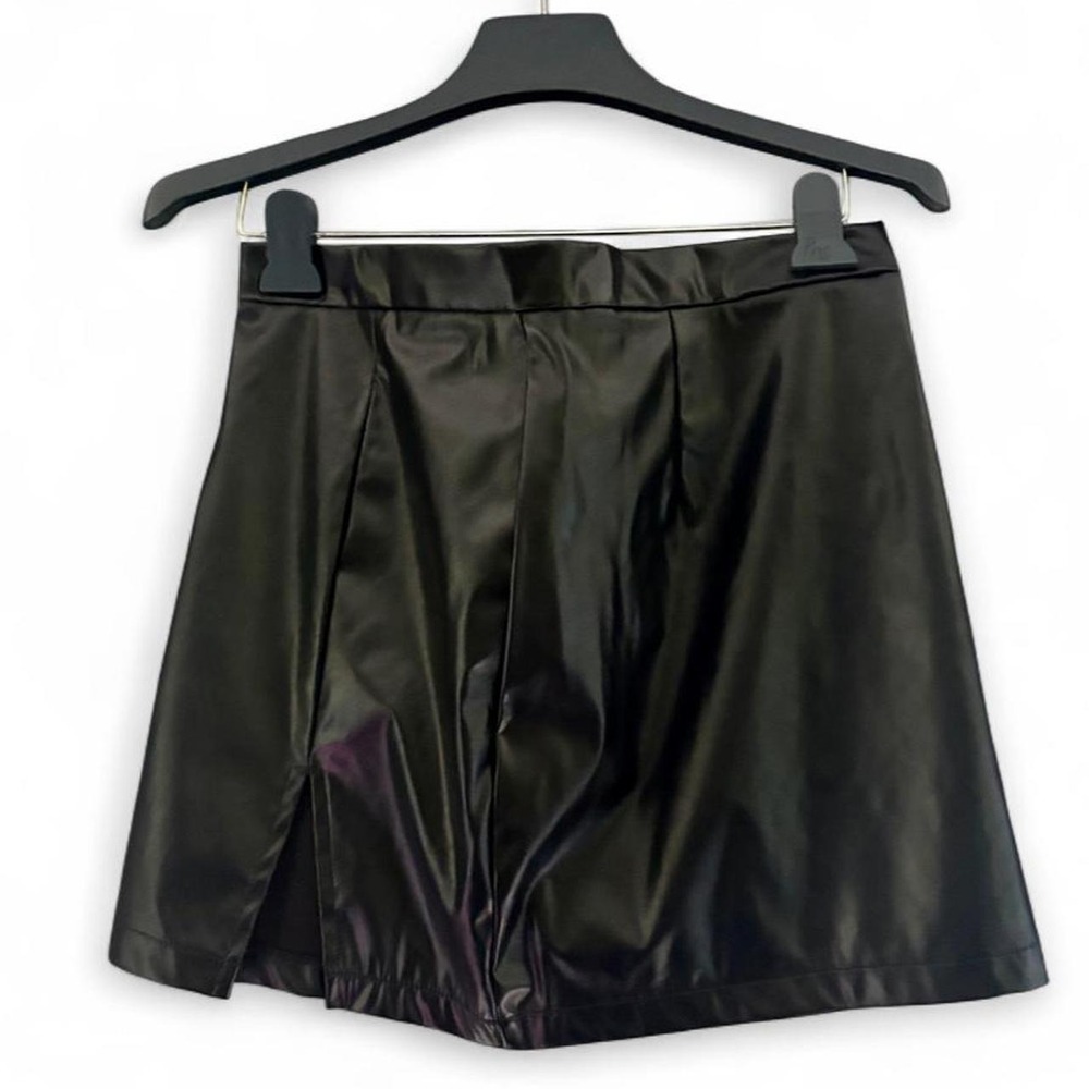 SHEIN SXY Black Faux Leather Mini Skirt Side Slit Edgy JIT7633144 Size L 8/10